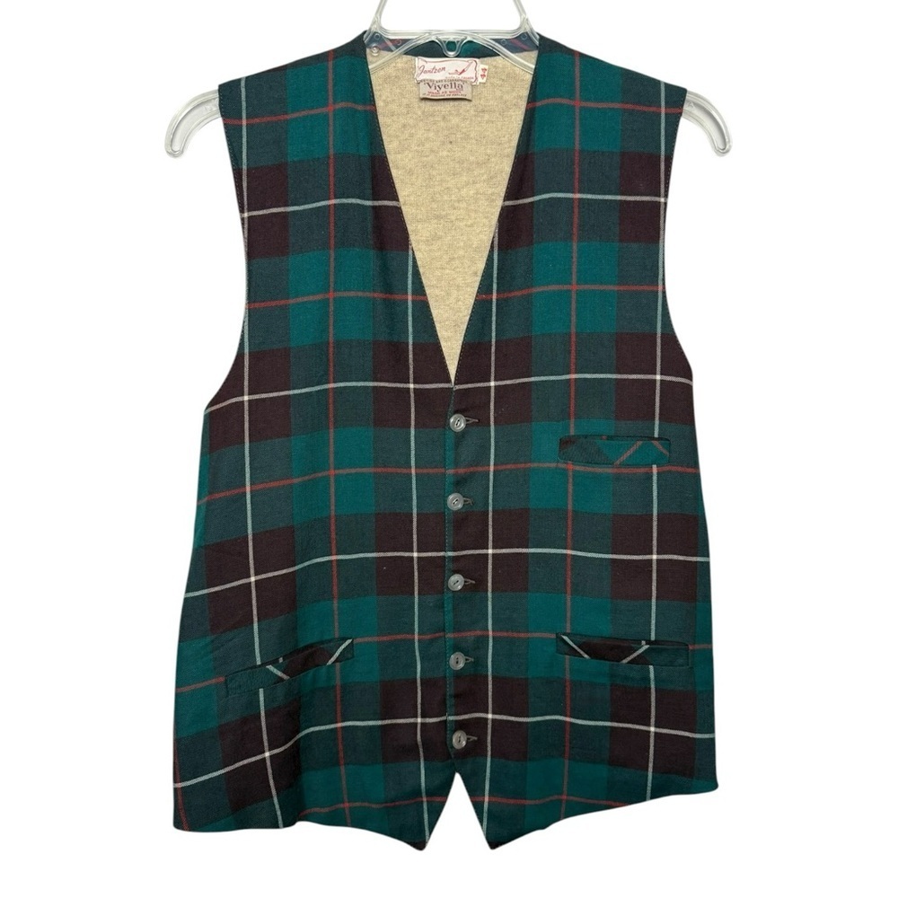 Vintage 70s Plaid Sweater Vest Size 44 = Small Med Green Tan Wool Cotton Jantzen